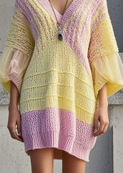 Casual Yellow Oversized Patchwork Tulle Sweater Dress Fall