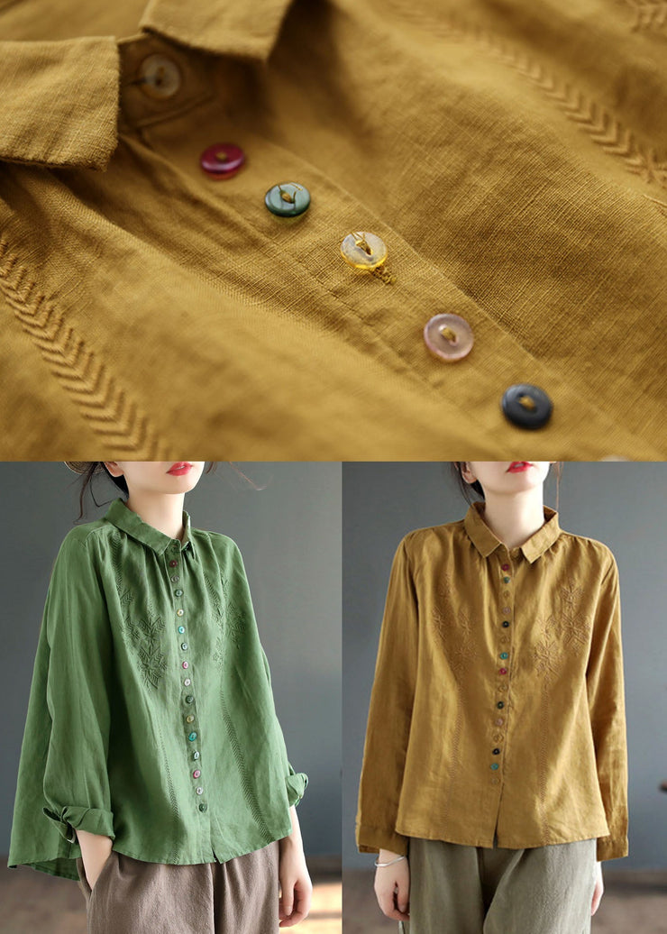 Casual Yellow Peter Pan Collar Embroideried Linen Blouse Tops Fall