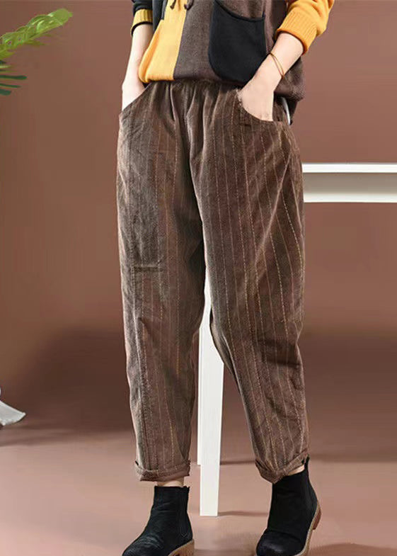 Casual Yellow Pockets Elastic Waist Corduroy Pants Spring