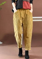 Casual Yellow Pockets Elastic Waist Corduroy Pants Spring