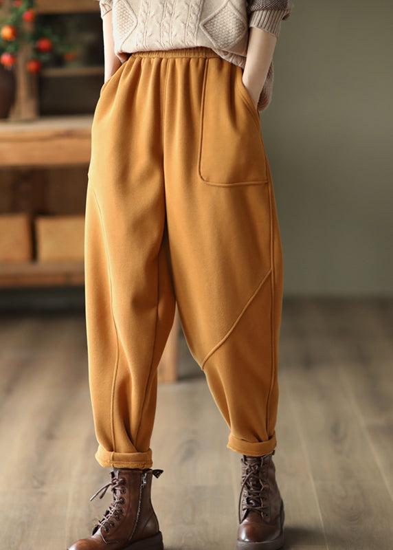 Casual Yellow Pockets Patchwork Elastic Waist Warm Fleece Pants Spring