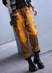 Casual Yellow Pockets Print Elastic Waist Corduroy Pants Spring