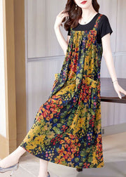 Casual Yellow Print Exra Large Hem Silk Holiday Dresses Summer