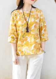 Casual Yellow Square Collar Print Linen T Shirts Top Summer