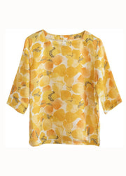 Casual Yellow Square Collar Print Linen T Shirts Top Summer