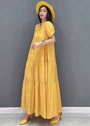 Casual Yellow Stand Collar Patchwork Button Maxi Dresses Short Sleeve