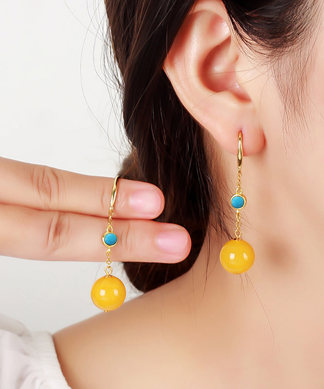 Casual Yellow Sterling Silver Inlaid Beeswax Turquoise Drop Earrings