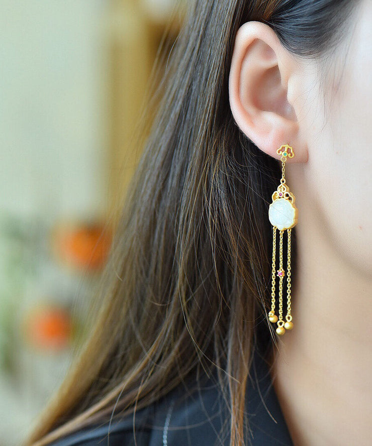 Casual Yellow Sterling Silver Jade Tassel Drop Earrings