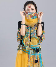 Casual Yellow Tasseled Print Chiffon Shawl