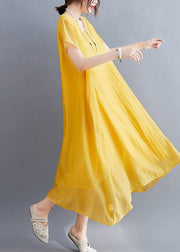 Casual Yellow V Neck Asymmetrical Design Cotton Maxi Dresses Summer