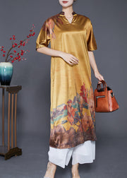 Casual Yellow V Neck Print Silk Party Dress Summer