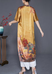 Casual Yellow V Neck Print Silk Party Dress Summer