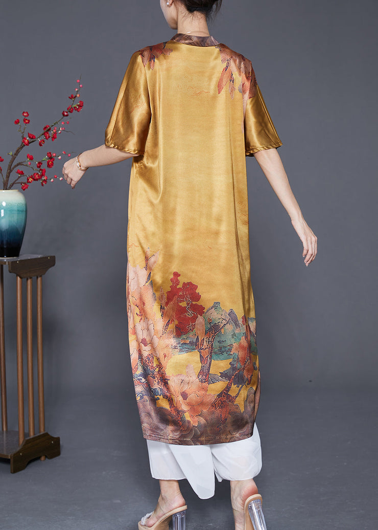 Casual Yellow V Neck Print Silk Party Dress Summer