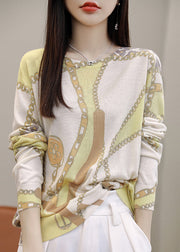 Chain Print Patchwork Silk Cotton Top O Neck Long Sleeve