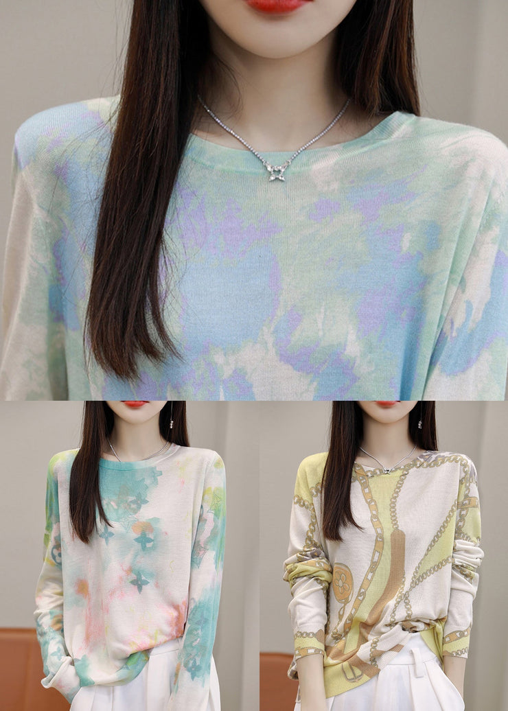 Chain Print Patchwork Silk Cotton Top O Neck Long Sleeve