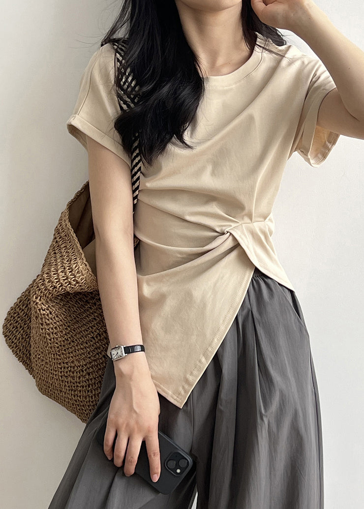 Chic Apricot O Neck Asymmetrical Design Cotton T Shirt Summer