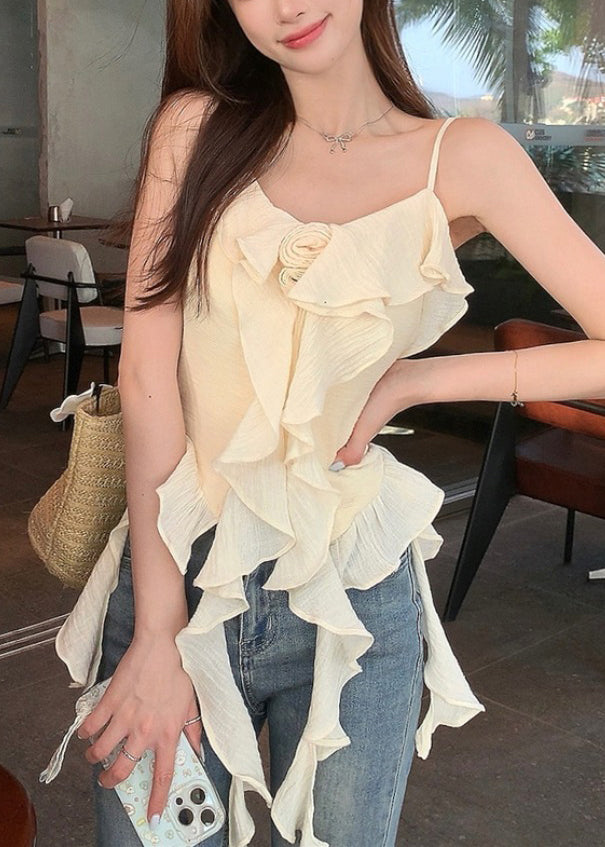 Chic Apricot Solid Ruffled Cotton Spaghetti Strap Tank Sleeveless