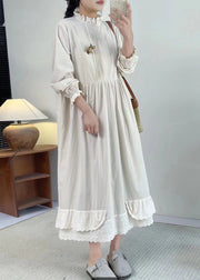 Chic Apricot Stand Collar Ruffled Patchwork Wrinkled Long Dress Long Sleeve