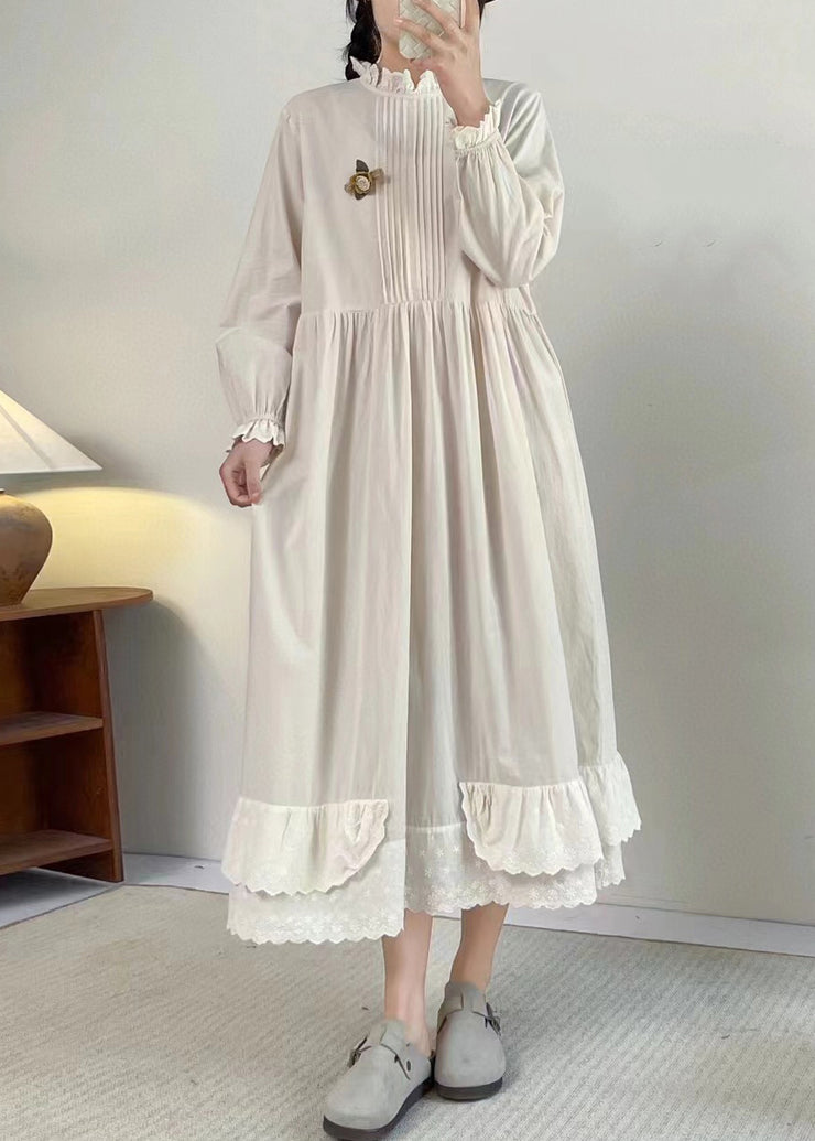 Chic Apricot Stand Collar Ruffled Patchwork Wrinkled Long Dress Long Sleeve