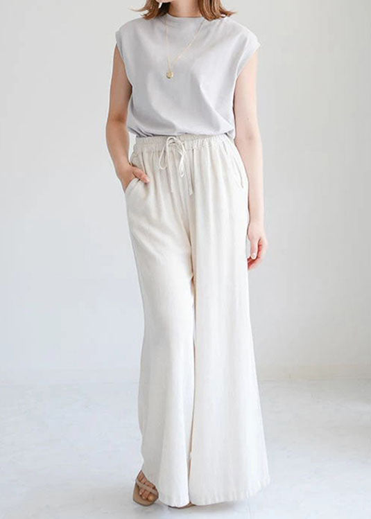 Chic Beige Pockets Elastic Waist Linen Crop Pants Spring