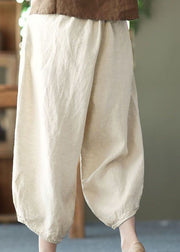 Chic Beige Pockets Wrinkled Patchwork Linen Harem Pants Summer