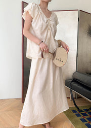 Chic Beige Stand Collar Cinched T Shirts And Silk Maxi Skirts Two Piece Set Summer