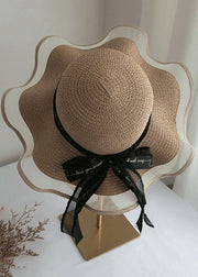 Chic Beige Tulle Bow Straw Woven Floppy Sun Hat