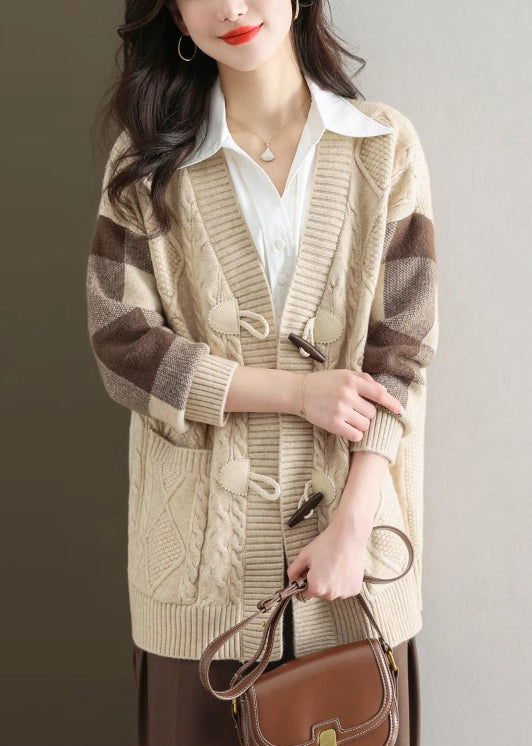 Chic Beige V Neck Button Patchwork Knit Cardigans Fall