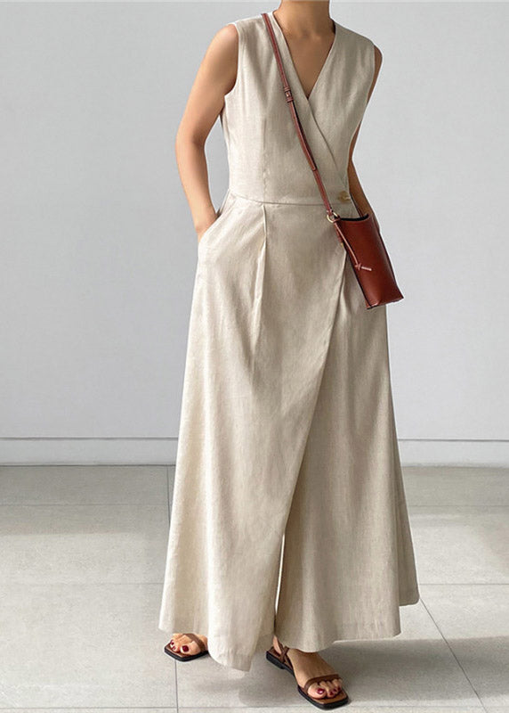 Chic Apricot texture V Neck Button Pockets Jumpsuit Pants Summer