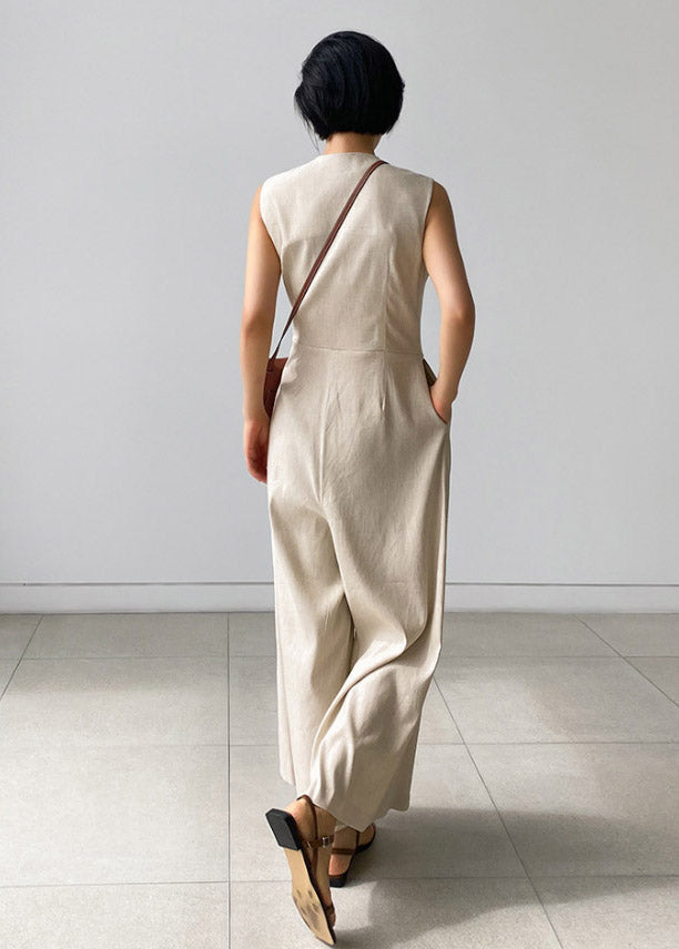 Chic Apricot texture V Neck Button Pockets Jumpsuit Pants Summer