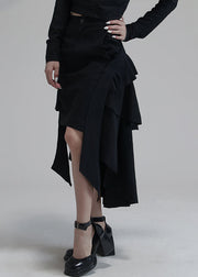 Chic Black Asymmetrical Pockets High Waist Cotton Skirts Spring