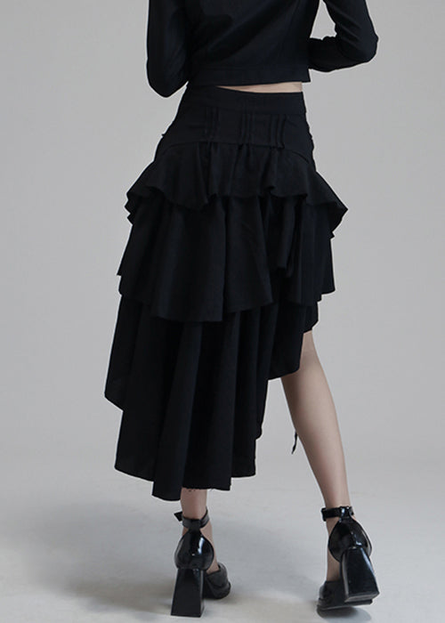 Chic Black Asymmetrical Pockets High Waist Cotton Skirts Spring