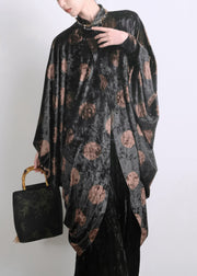 Chic Black Asymmetrical Print Silk Velour Shirts Batwing Sleeve