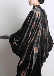 Chic Black Asymmetrical Print Silk Velour Shirts Batwing Sleeve