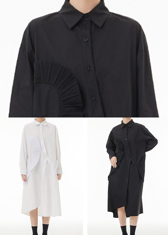 Chic Black Asymmetrical Wrinkled Cotton Robe Dresses Spring