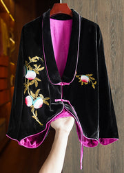 Chic Black Chinese Button Embroideried Silk Velour Coats Long Sleeve