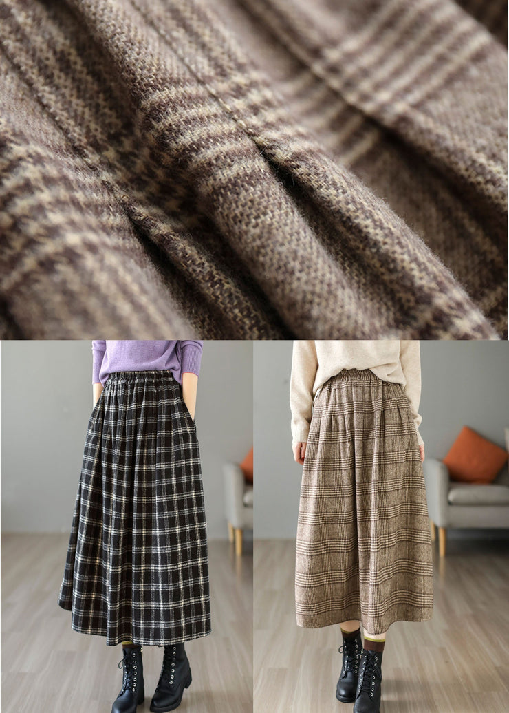 Chic Black Elastic Waist Plaid Cotton A Line Skirt Spring