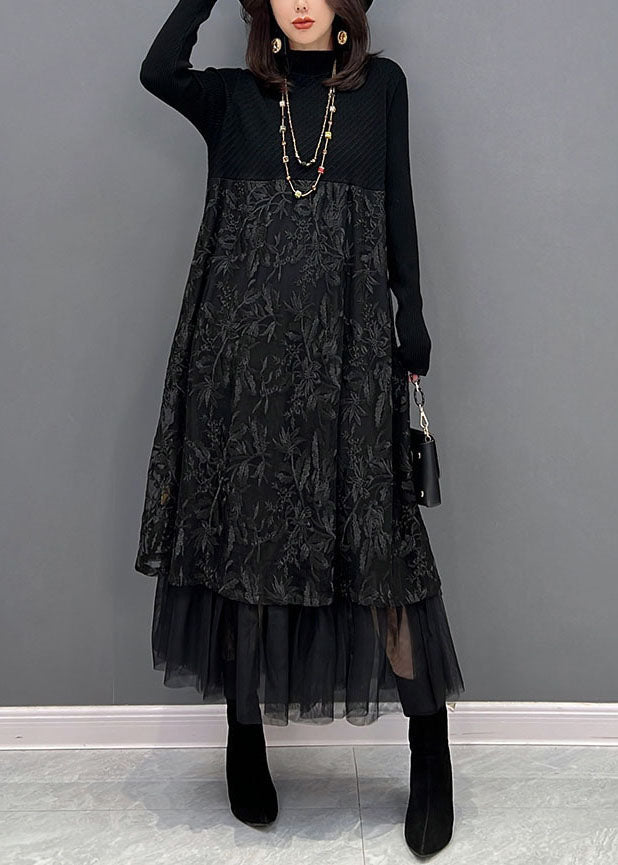 Chic Black Embroideried Tulle Patchwork Knit Dresses Winter