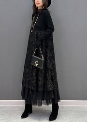 Chic Black Embroideried Tulle Patchwork Knit Dresses Winter