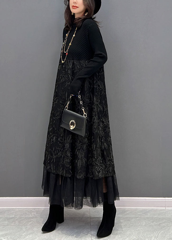 Chic Black Embroideried Tulle Patchwork Knit Dresses Winter