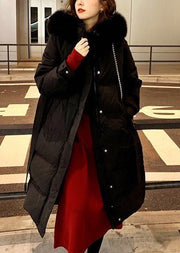 Chic Black Fur Collar Hooded Tie Waist Fine Cotton Filled Puffers Coat Winter