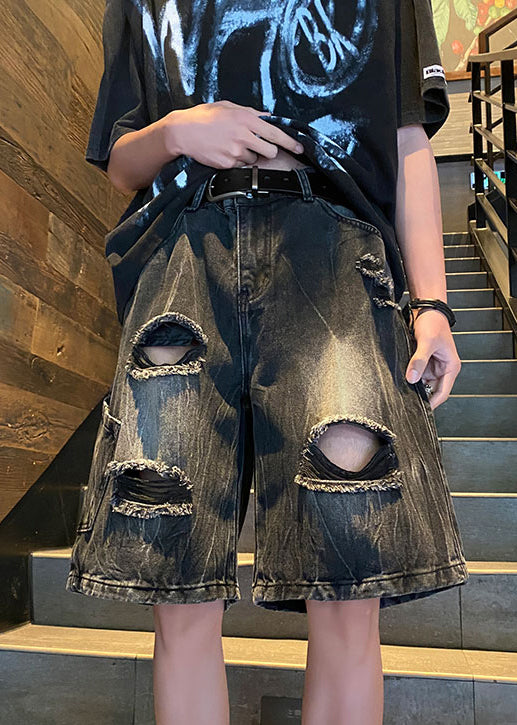 Chic Black Hole High Waist Denim Men Shorts Summer