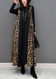 Chic Black Leopard Print Patchwork Chiffon Long Cardigan Sleeveless