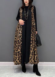 Chic Black Leopard Print Patchwork Chiffon Long Cardigan Sleeveless