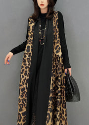 Chic Black Leopard Print Patchwork Chiffon Long Cardigan Sleeveless