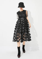 Chic Black O-Neck Patchwork Exra Large Hem Tulle Vacation Dress Summer