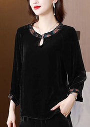 Chic Black O Neck Patchwork Silk Velour Shirts Top Spring