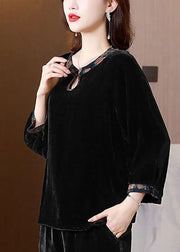 Chic Black O Neck Patchwork Silk Velour Shirts Top Spring