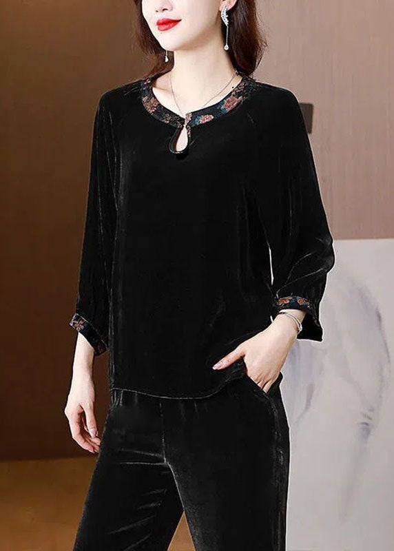 Chic Black O Neck Patchwork Silk Velour Shirts Top Spring