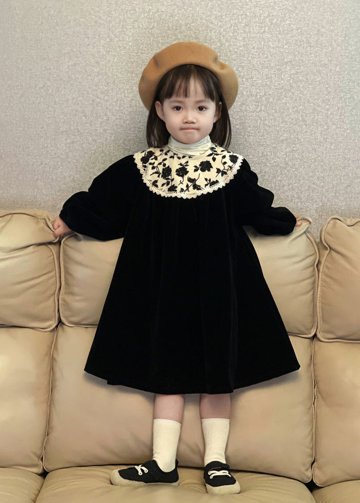 Chic Black O Neck Print Wrinkled Velour Baby Girls Dress Fall